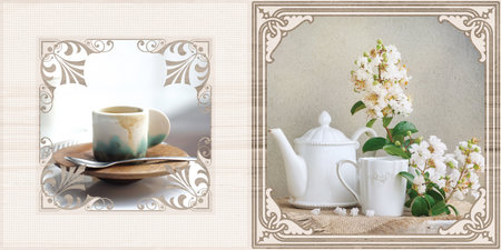 tea cup and pot with flower illustration image use for ceramic wall tiles and wall paper useの写真素材