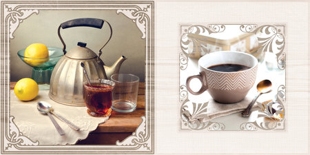 tea cup and pot with flower illustration image use for ceramic wall tiles and wall paper useの写真素材