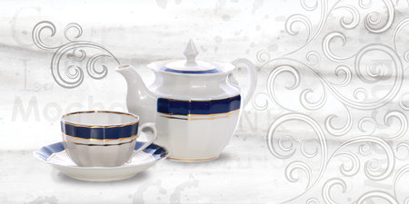 white color tea pot and cup illustration image use for wall tiles and wall paperの写真素材