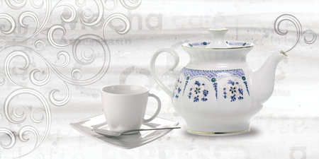 white color tea pot and cup illustration image use for wall tiles and wall paperの写真素材