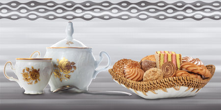 tea cup and pot with dessert 3D illustration image use for ceramic wall tiles and wall paper useの写真素材