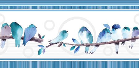 blue and white color background with birds pattern wall tile and wall paperの写真素材