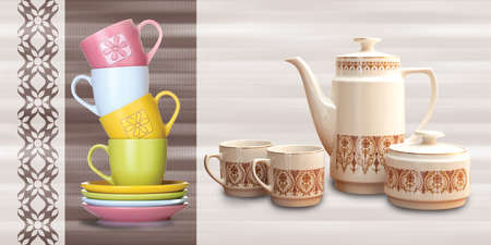 multi color tea cup and pot design for wall tiles and wall paperの写真素材