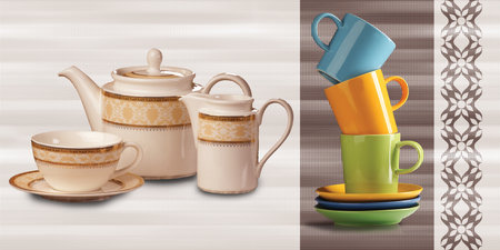 multi color tea cup and pot design for wall tiles and wall paperの写真素材