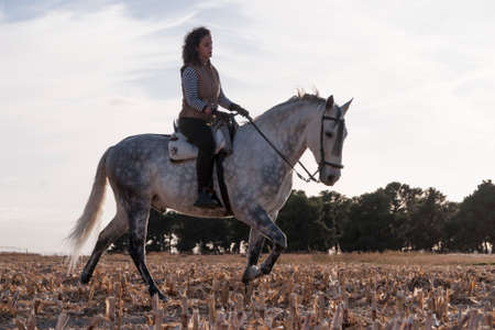young woman with handkerchief on her neck on horsebackの写真素材