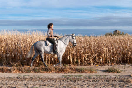 young woman with kerchief on horsebackの写真素材