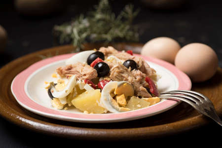 Potato salad with olives, tuna, boiled egg and its dressing. Delicious plate of Spanish foodの写真素材