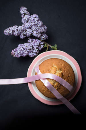 Homemade sponge cake with cream, flour, sugar, eggs and yeast. Delicious home made food.の写真素材