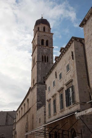 Stone facade and tower, from one of the main streets in Dubrovnik, Croatia, Europe.の写真素材