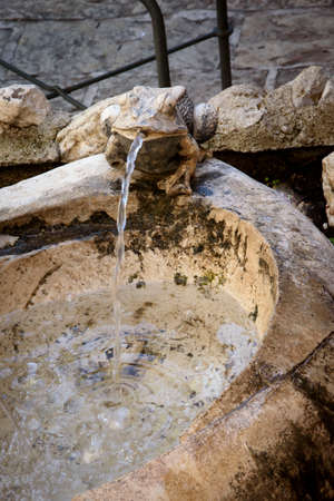 Stone fountain detail with a frog in Budva, city located on the Adriatic sea coast in Montenegro, Europe.の写真素材