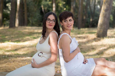 Two pregnant women together in the field. Maternity.の写真素材