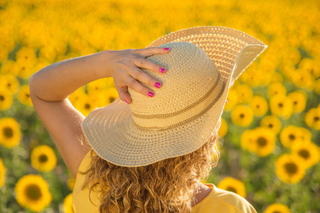 A woman with back in hat and yellow dress in a sunflower fieldの写真素材