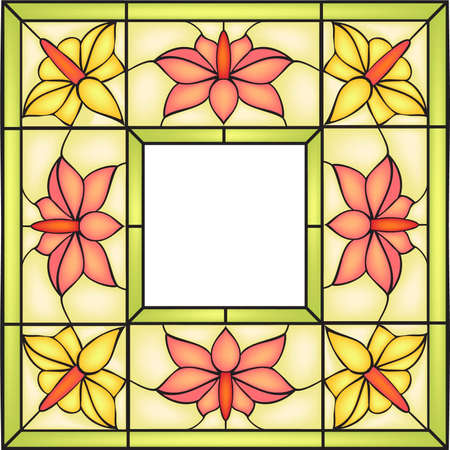 Floral frame with campsis flowers and bourgeons, Invitation to the wedding or announcements, stained glass windowのイラスト素材