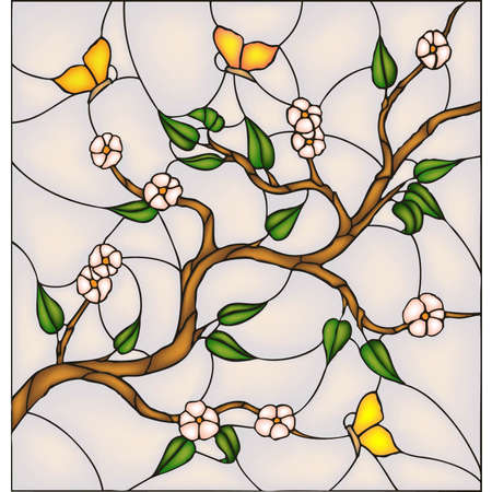 Japan cherry blossom with butterflies, vector stained glass windowのイラスト素材