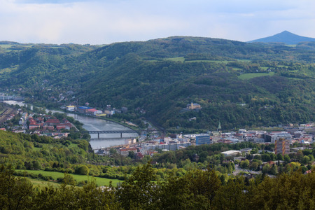 Wiev to centre of town Usti nad Labem from Erbens lookout tower. Czech landscape