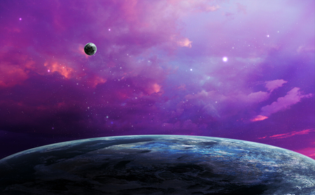 Space scene. Violet sky with planet. Elements furnished by NASA. 3D rendering