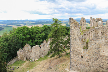 Corner of main building of old castle ruin Helfenburk from tower. Czech landscapeの写真素材