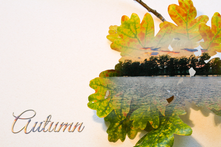 Fall double exposure in leaf and sunset on pond with textの写真素材