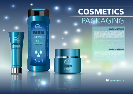 Vector cosmetics template with creme tube, shower gel and creme box in blue colorのイラスト素材