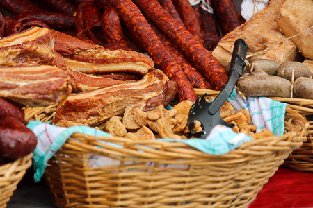 Sausage, meat, white pudding, crackling, typical market foodの写真素材