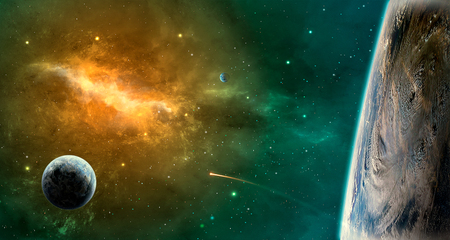 Space scene. Green and orange nebula with planets. Elements furnished by NASA. 3D rendering