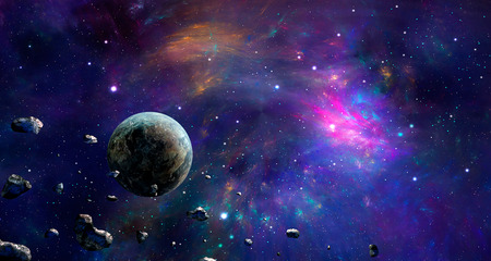 Space scene. Colorful nebula with planet and asteroids.