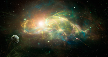 Space scene. Colorful nebula with planet and spaceship. 3D rendering