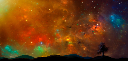 Space scene.Colorful nebula with land and tree silhouette.