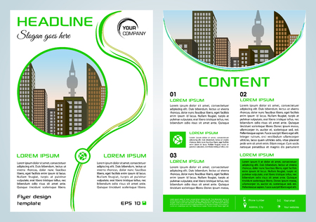 Vector flyer, corporate business, annual report, brochure design and cover presentation with vector city in green circleのイラスト素材