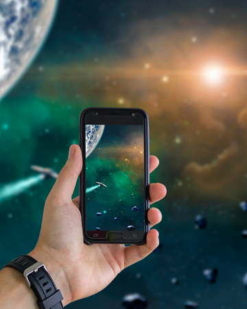 Hand with mobile phone taking snapshot of space.  3D rendering