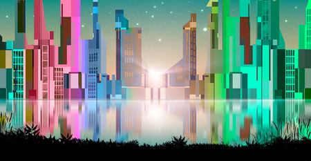 Modern abstract colorful city with reflection in water and black land silhouette. City with star, conceptual illustration.の写真素材