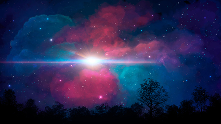 Space scene. Colorful nebula with trees silhouette.   3D rendering