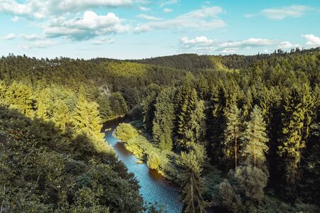 Nice summer valley with Vltava river and boat, Czech republicの写真素材