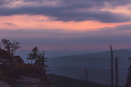 Sunset with distant hill and dead tree from Tristolicnik. Blue hour. Sumava National Park and Bavarian Forest, Czech republic and Germanyの写真素材