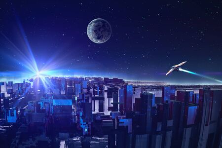 Abstract fractal colorful blue city with star, planet and spaceship. Modern future city concept.  3D renderingの写真素材
