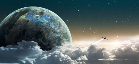Space scene. Star sky with clouds, planet and spaceship.の写真素材