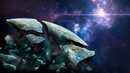 Space scene. Colorful nebula with destroyed planet.