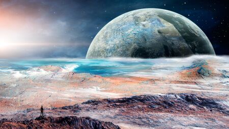 Space scene. Man standing on rock with planet and star.の写真素材