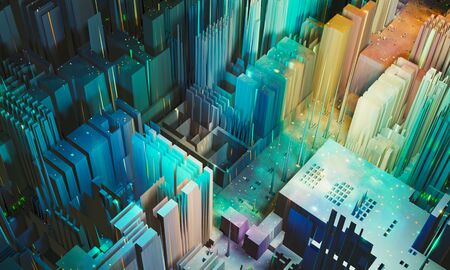 Abstract modern city, PCB, big data background. Colorful block with small light, 3D renderの写真素材