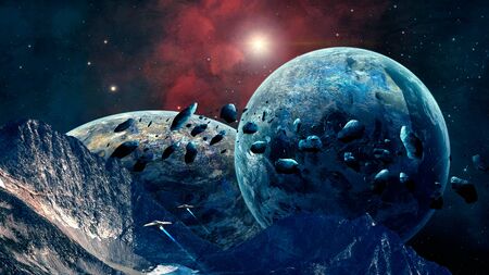 Space scene. Mountain with nebula, planet, asteroid and spaceship. Elements furnished by NASA. 3D...