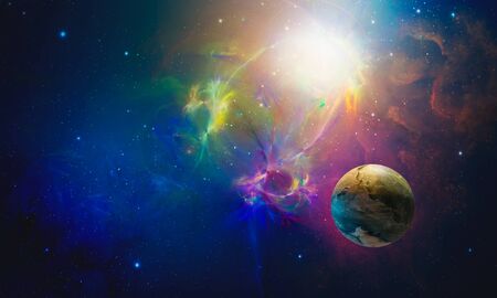 Space background. Colorful fractal nebula with planet. Elements furnished by NASA. 3D rendering