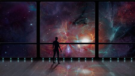 Space background. Man silhouette standing in room with colorful fractal nebula. Elements furnished by NASA. 3D renderingの写真素材