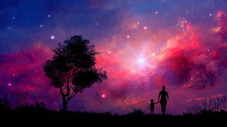 Mother and daughter walk in landscape with tree and colorful nebula. Parents concept background. Elements furnished by NASA. 3D renderingの写真素材