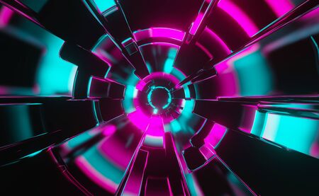 Abstract colorful neon VJ tunnel. Future, speed, big data background. 3D renderingの写真素材