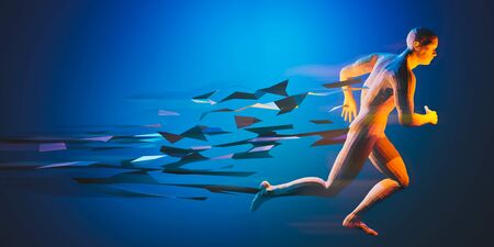 Low poly runner with small traingle on blue background. Speed, run, technology concept. 3D...