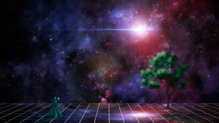 Space scene. Magician walk on reflection floor with tree and colorful fractal nebula. 3D rendering