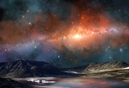 Space scene. Milky way in colorful nebula above mountain with lake and glacier. 3D rendering.の写真素材
