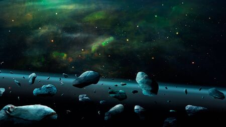 Space background. Asteroid fly in colorful green nebula. 3D rendering