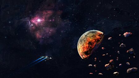 Space background. Spaceship fly in colorful nebula with cracked planet.