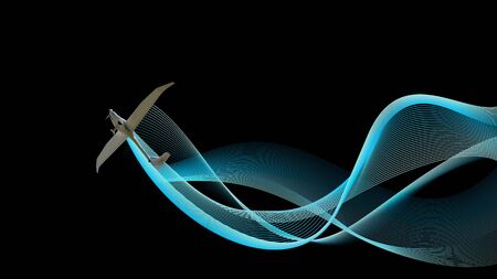Ultralight plane from bottom with blue wave on black. Illustration background, banner with copy...